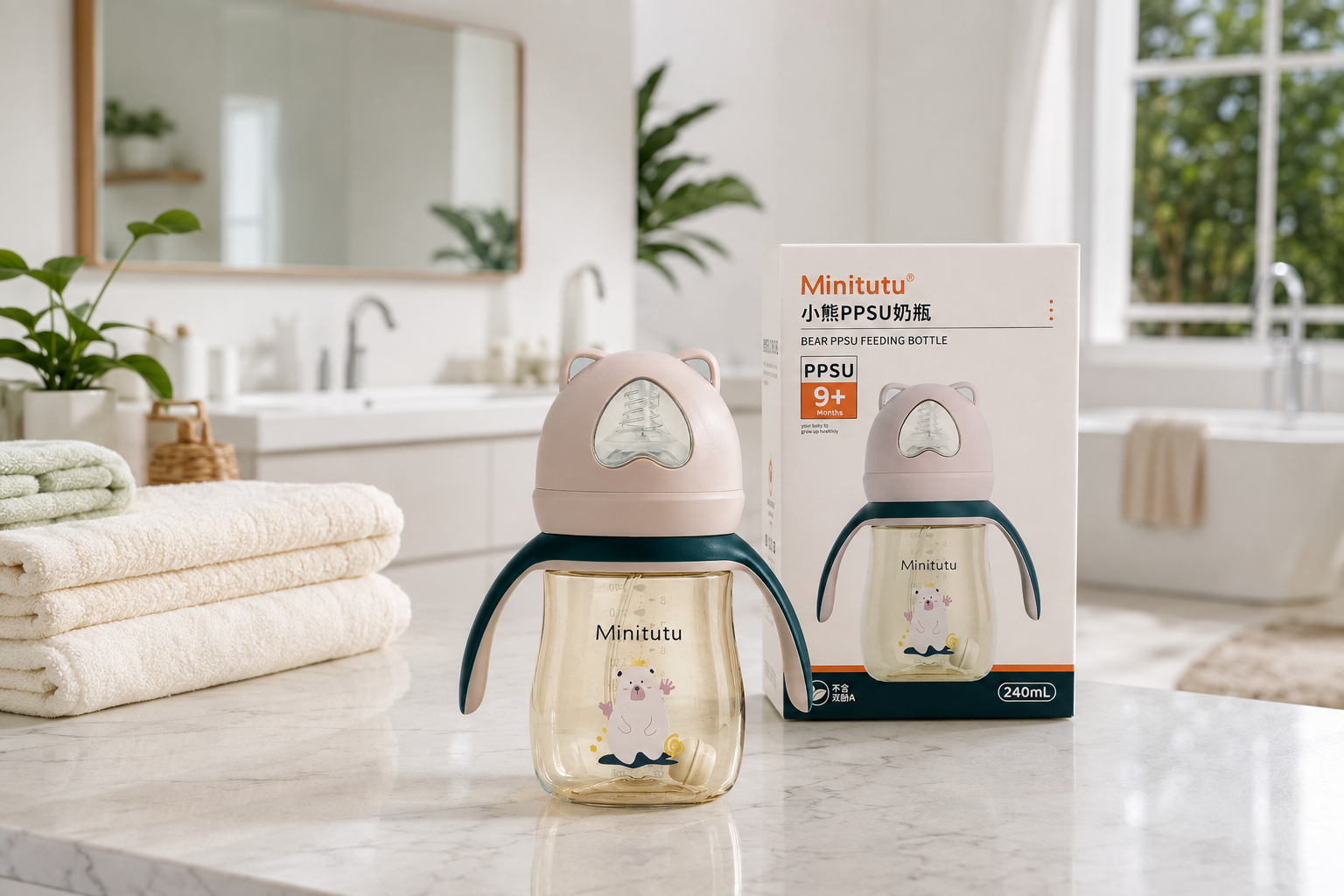 Minitutu Bear PPSU Feeding Bottle 240ml | BPA-Free Baby Bottle with Handles for 9+ Months | Pink CB805-2